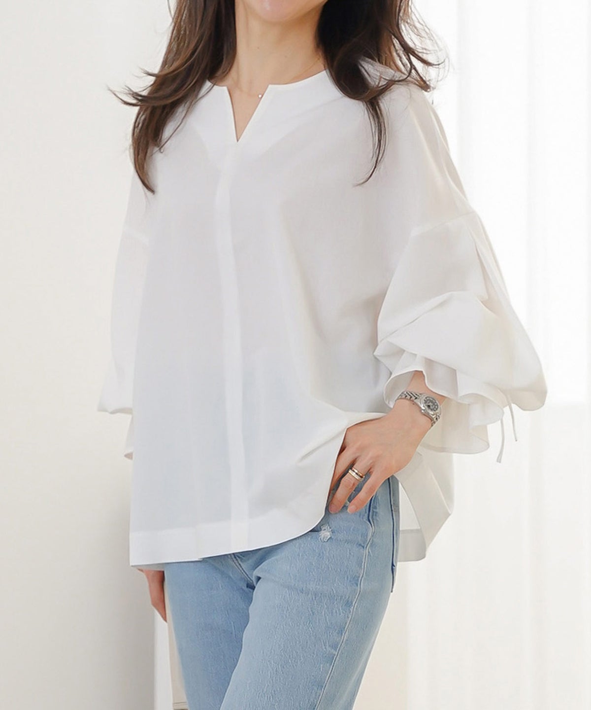 ブラウス ホワイト バルーンスリーブ 2way リボン 通勤 ジョイントスペース