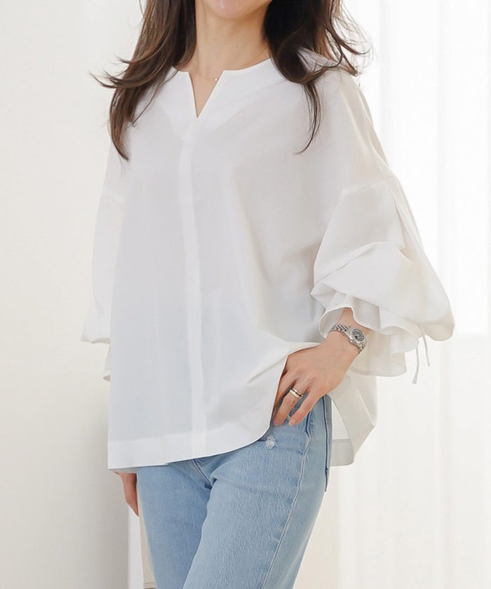 ブラウス ホワイト バルーンスリーブ 2way リボン 通勤 ジョイントスペース