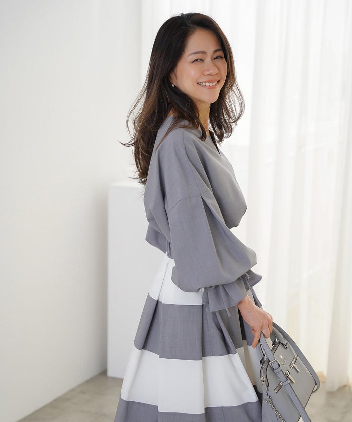 ブラウス グレー バルーンスリーブ 2way リボン 通勤 ジョイントスペース