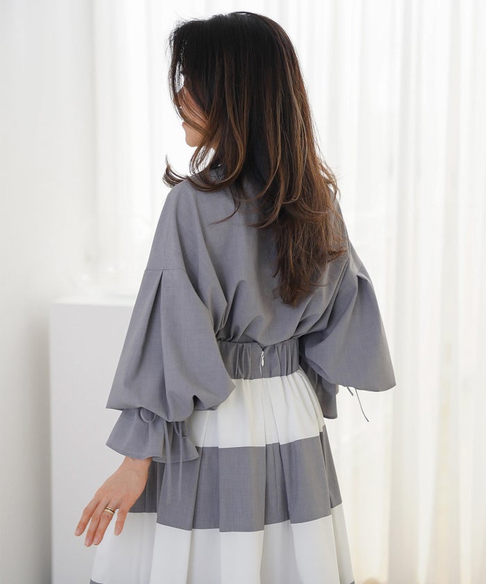 ブラウス グレー バルーンスリーブ 2way リボン 通勤 ジョイントスペース