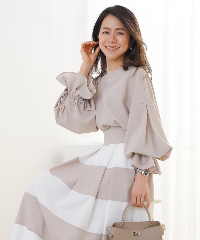 ブラウス ベージュ バルーンスリーブ 2way リボン 通勤 ジョイントスペース