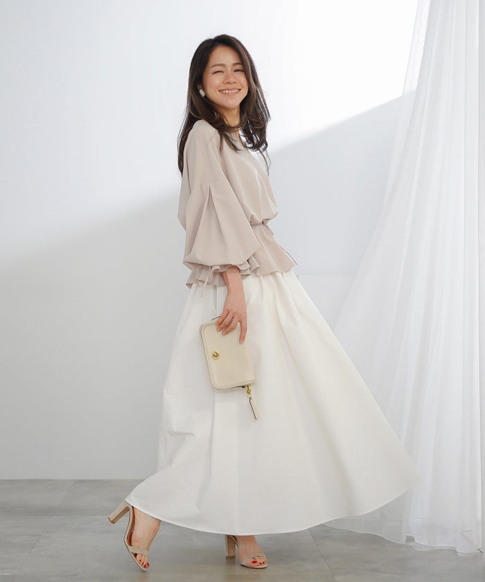 ブラウス ベージュ バルーンスリーブ 2way リボン 通勤 ジョイントスペース