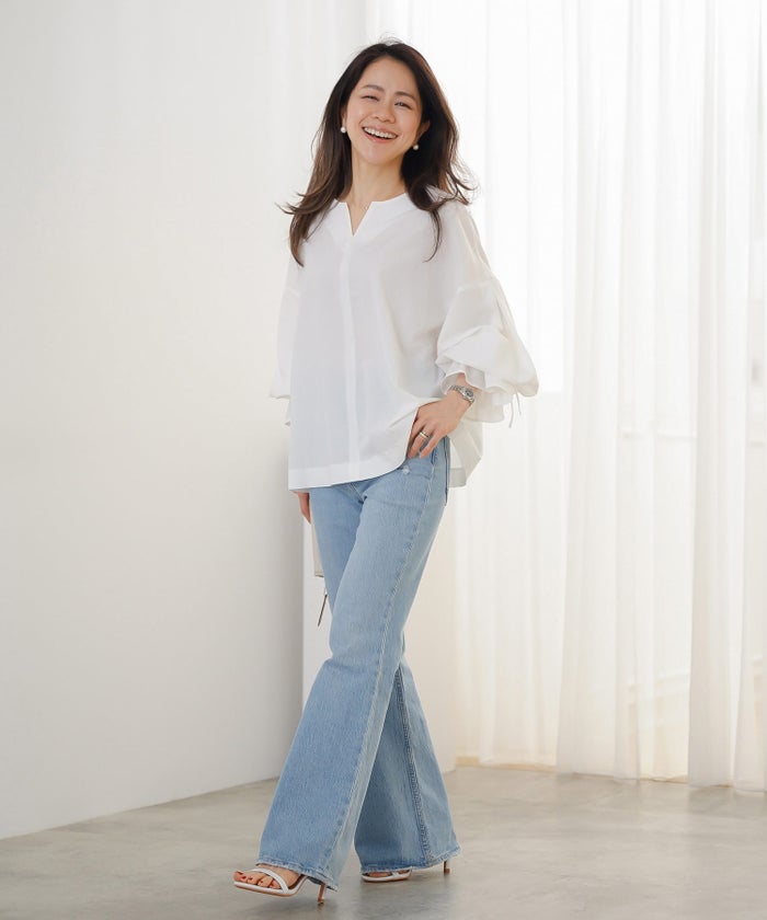 ブラウス ホワイト バルーンスリーブ 2way リボン 通勤 ジョイントスペース