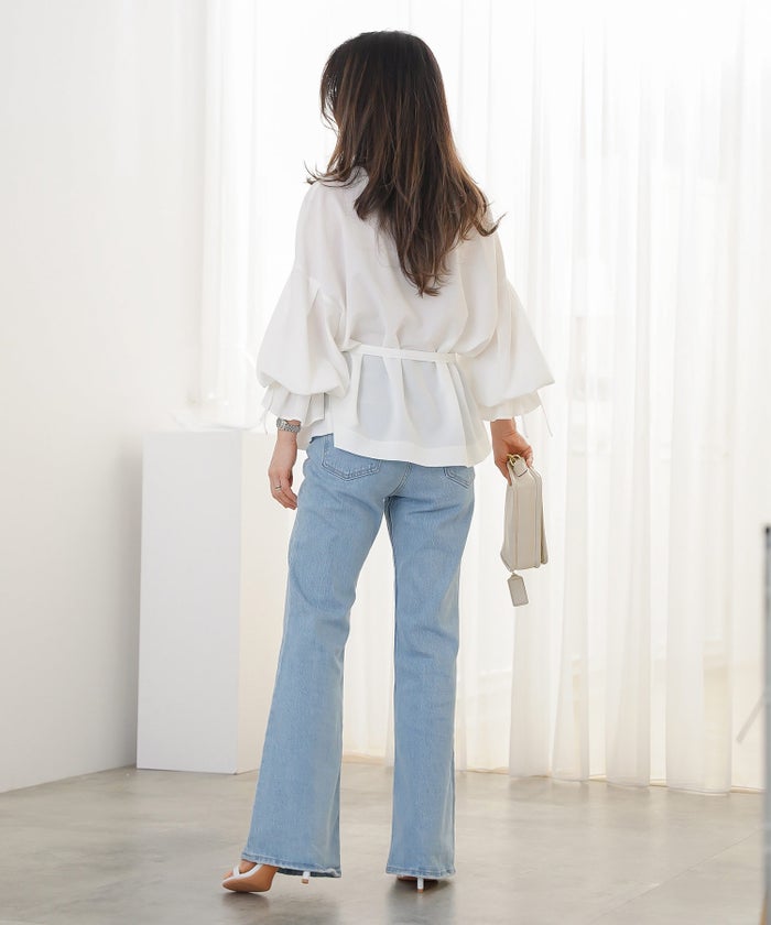 ブラウス ホワイト バルーンスリーブ 2way リボン 通勤 ジョイントスペース