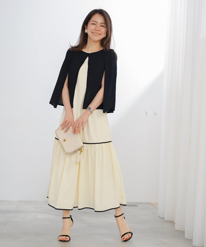 ティアード ワンピース ロング  アイボリー ピンク タフタ 配色 春 夏 秋 フェミニン 旅行 海 ジョイントスペース