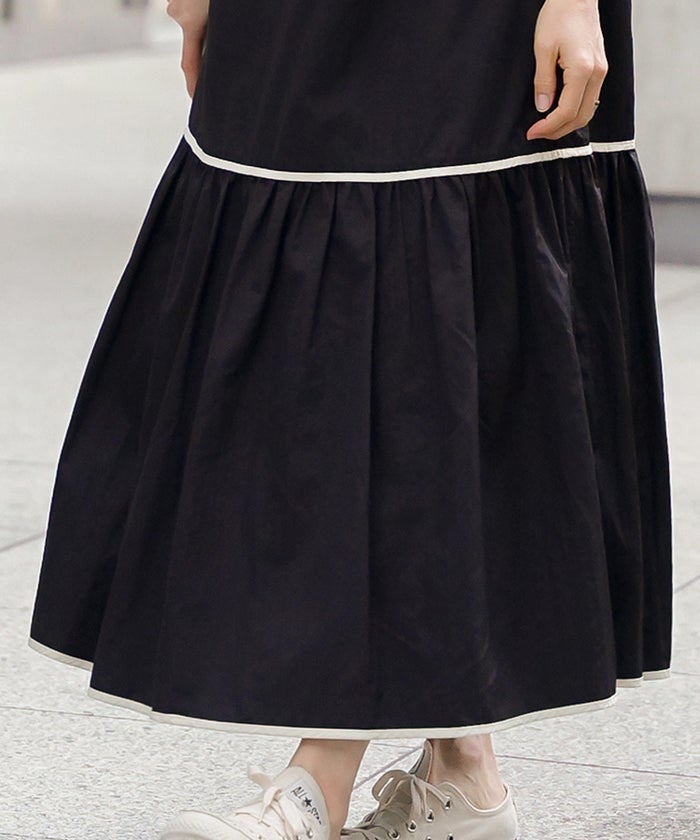 ティアード ワンピース ロング ブラック タフタ 配色 春 夏 秋 フェミニン 旅行 海 ジョイントスペース