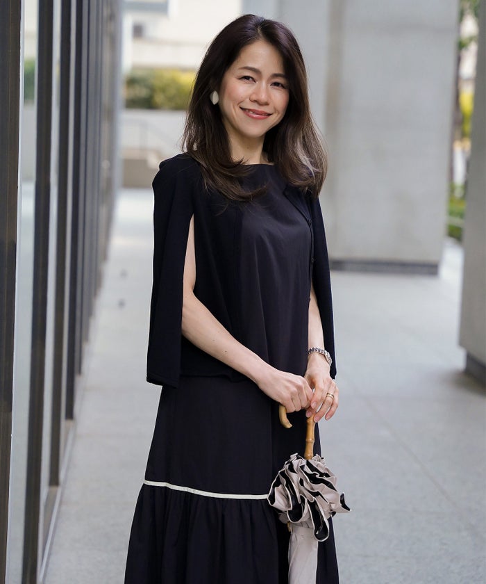 ティアード ワンピース ロング ブラック タフタ 配色 春 夏 秋 フェミニン 旅行 海 ジョイントスペース