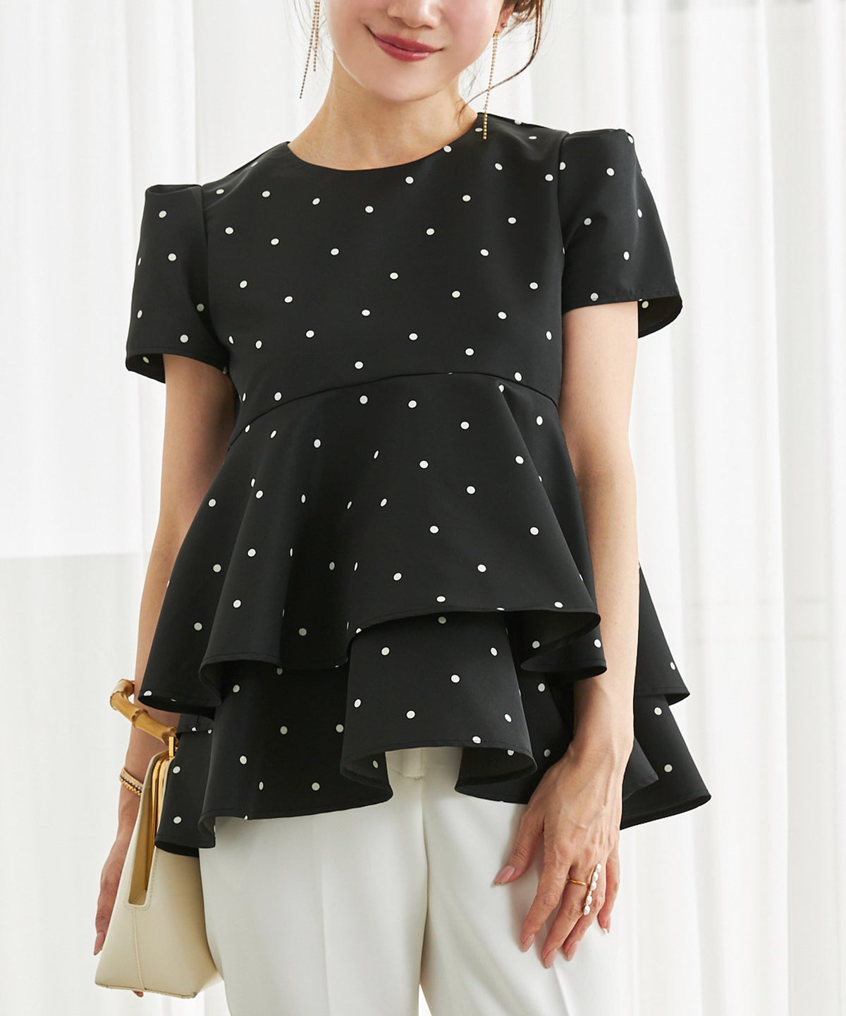 手洗い可 日本製 きれいめ 上品 半袖 オフィス 体型カバー 大人カジュアル フェニミン  無地 ドット 柄 ジョイントスペース