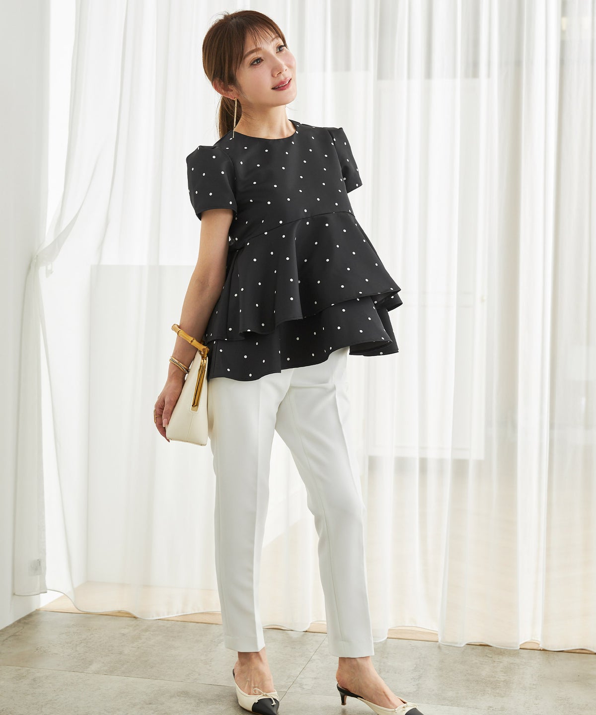 手洗い可 日本製 きれいめ 上品 半袖 オフィス 体型カバー 大人カジュアル フェニミン  無地 ドット 柄 ジョイントスペース