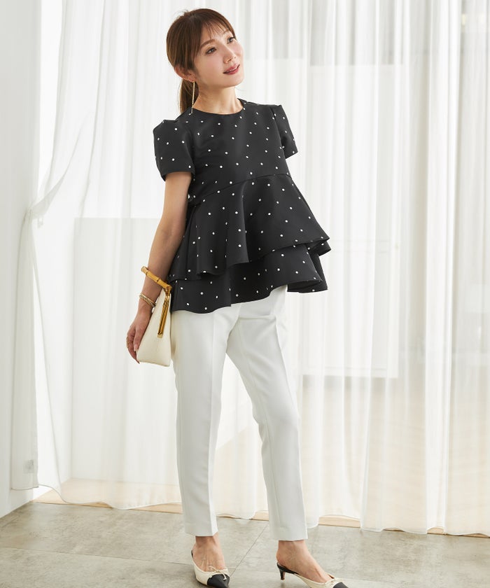 手洗い可 日本製 きれいめ 上品 半袖 オフィス 体型カバー 大人カジュアル フェニミン  無地 ドット 柄 ジョイントスペース