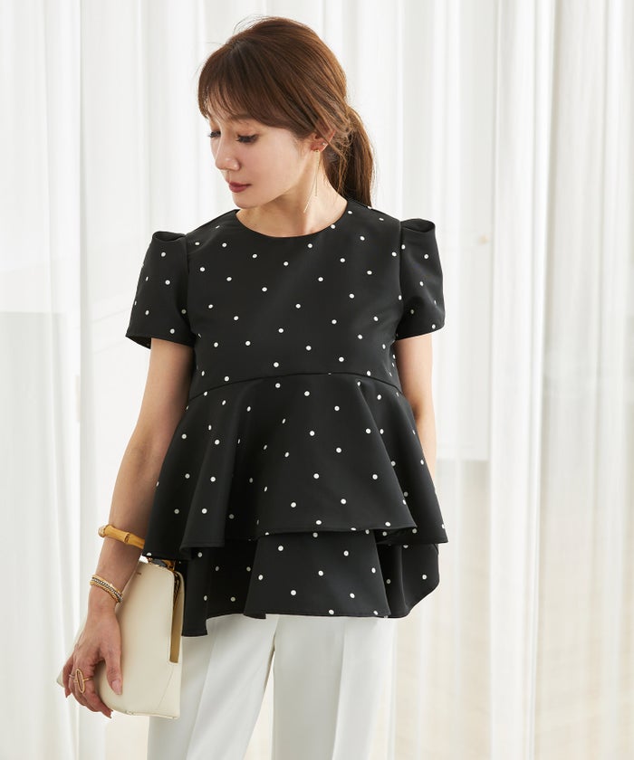 手洗い可 日本製 きれいめ 上品 半袖 オフィス 体型カバー 大人カジュアル フェニミン  無地 ドット 柄 ジョイントスペース