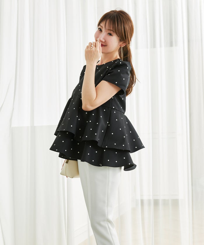 手洗い可 日本製 きれいめ 上品 半袖 オフィス 体型カバー 大人カジュアル フェニミン  無地 ドット 柄 ジョイントスペース