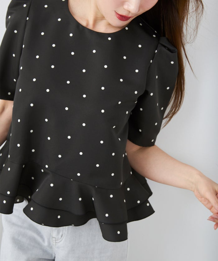 手洗い可 日本製 きれいめ 上品 半袖 オフィス 体型カバー 大人カジュアル フェニミン  無地 ドット 柄 ジョイントスペース