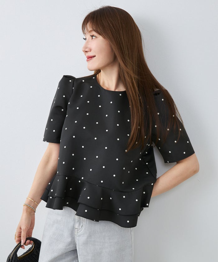 手洗い可 日本製 きれいめ 上品 半袖 オフィス 体型カバー 大人カジュアル フェニミン  無地 ドット 柄 ジョイントスペース