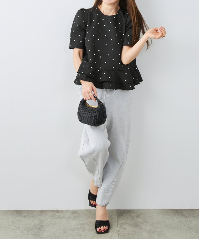 手洗い可 日本製 きれいめ 上品 半袖 オフィス 体型カバー 大人カジュアル フェニミン  無地 ドット 柄 ジョイントスペース