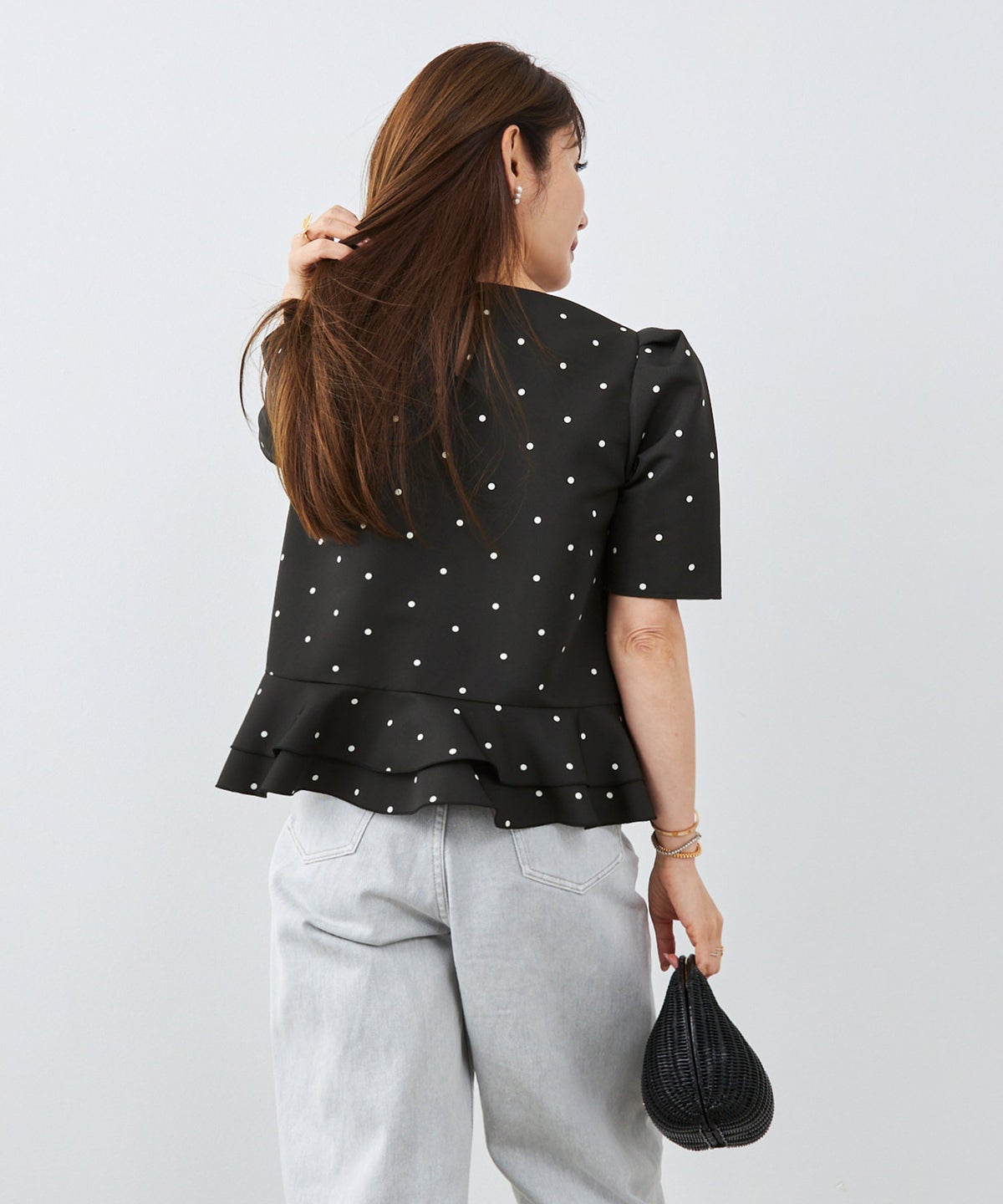 手洗い可 日本製 きれいめ 上品 半袖 オフィス 体型カバー 大人カジュアル フェニミン  無地 ドット 柄 ジョイントスペース