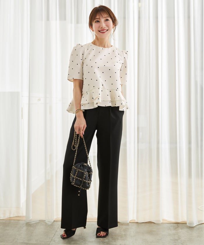 手洗い可 日本製 きれいめ 上品 半袖 オフィス 体型カバー 大人カジュアル フェニミン  無地 ドット 柄 ジョイントスペース