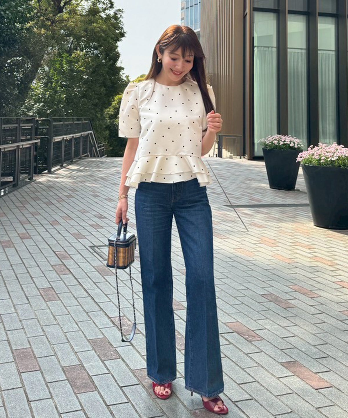 手洗い可 日本製 きれいめ 上品 半袖 オフィス 体型カバー 大人カジュアル フェニミン  無地 ドット 柄 ジョイントスペース