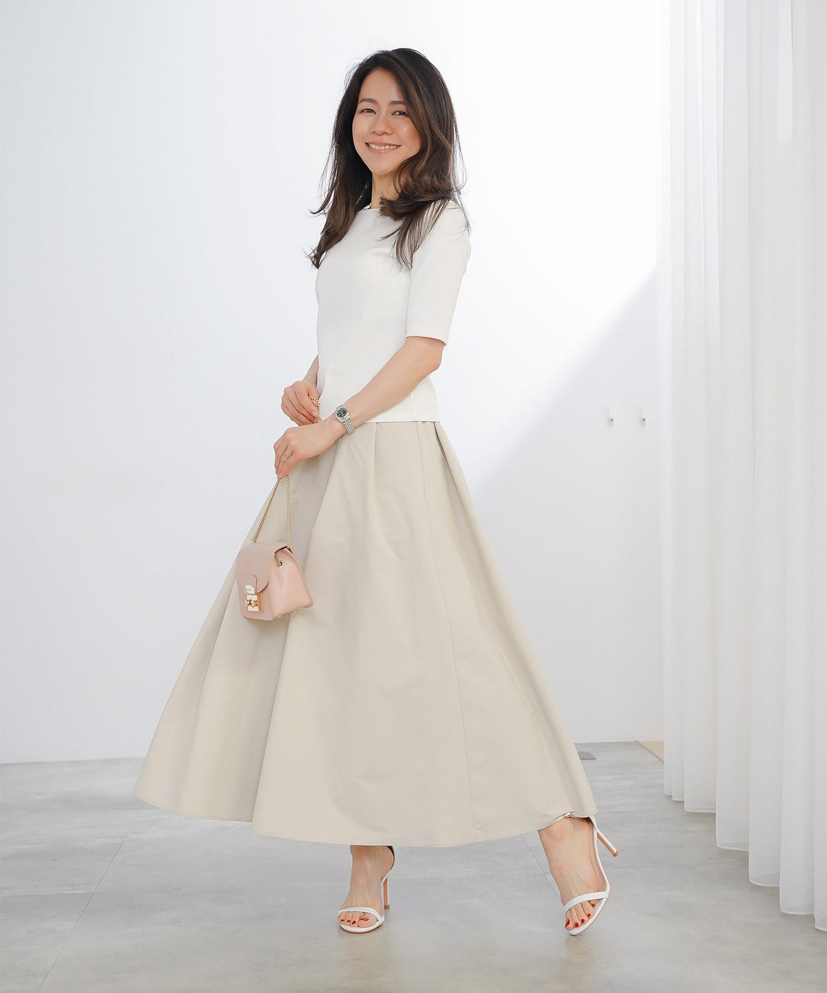 スカート ロング グレージュ タフタ フレア ベーシック ジョイントスペース