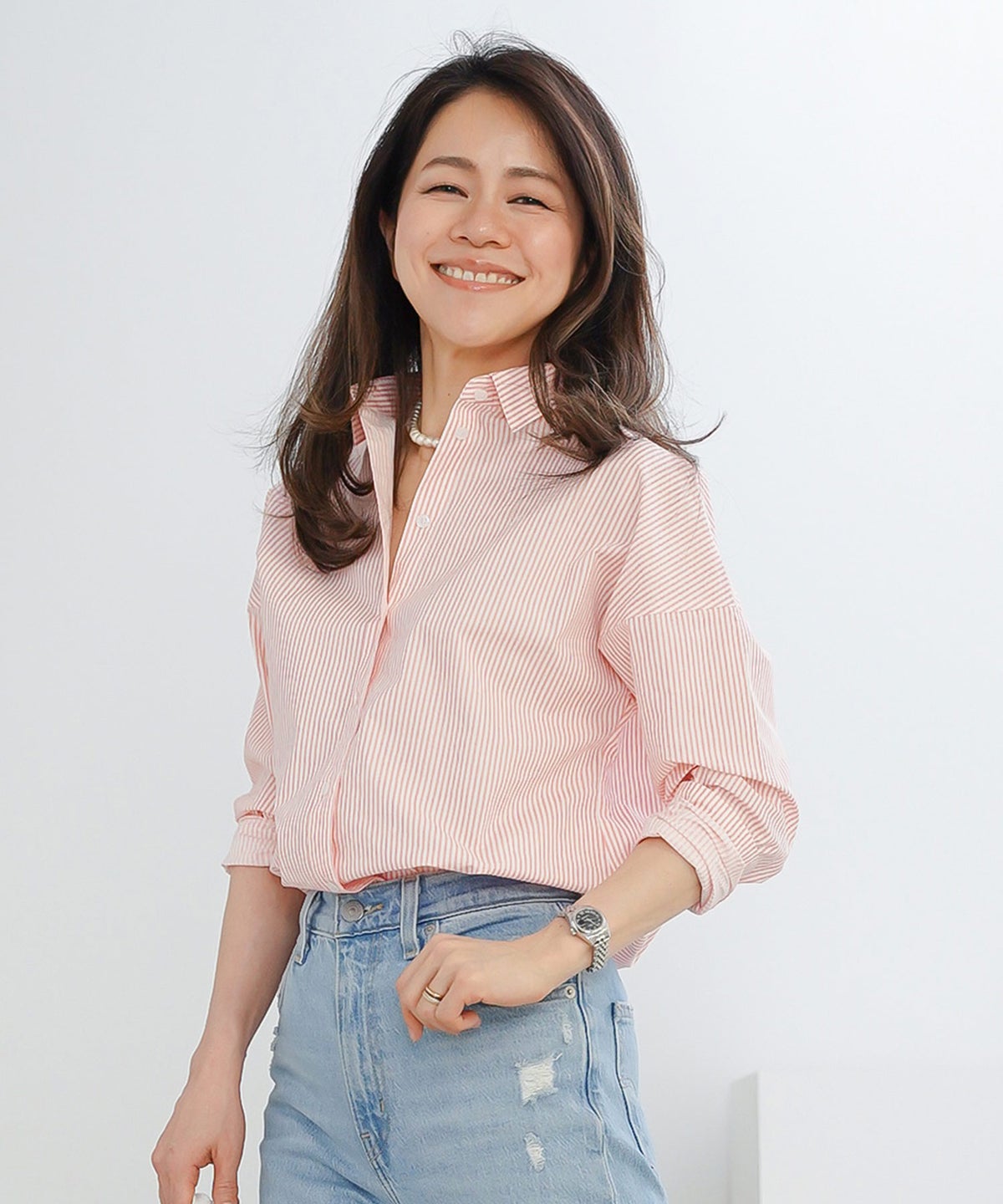 長袖 シャツ ピンク ストライプ 通勤 ベーシック ジョイントスペース