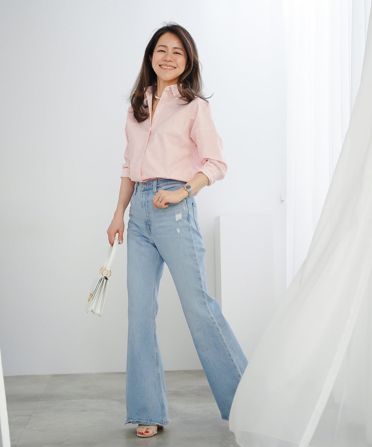 長袖 シャツ ピンク ストライプ 通勤 ベーシック ジョイントスペース