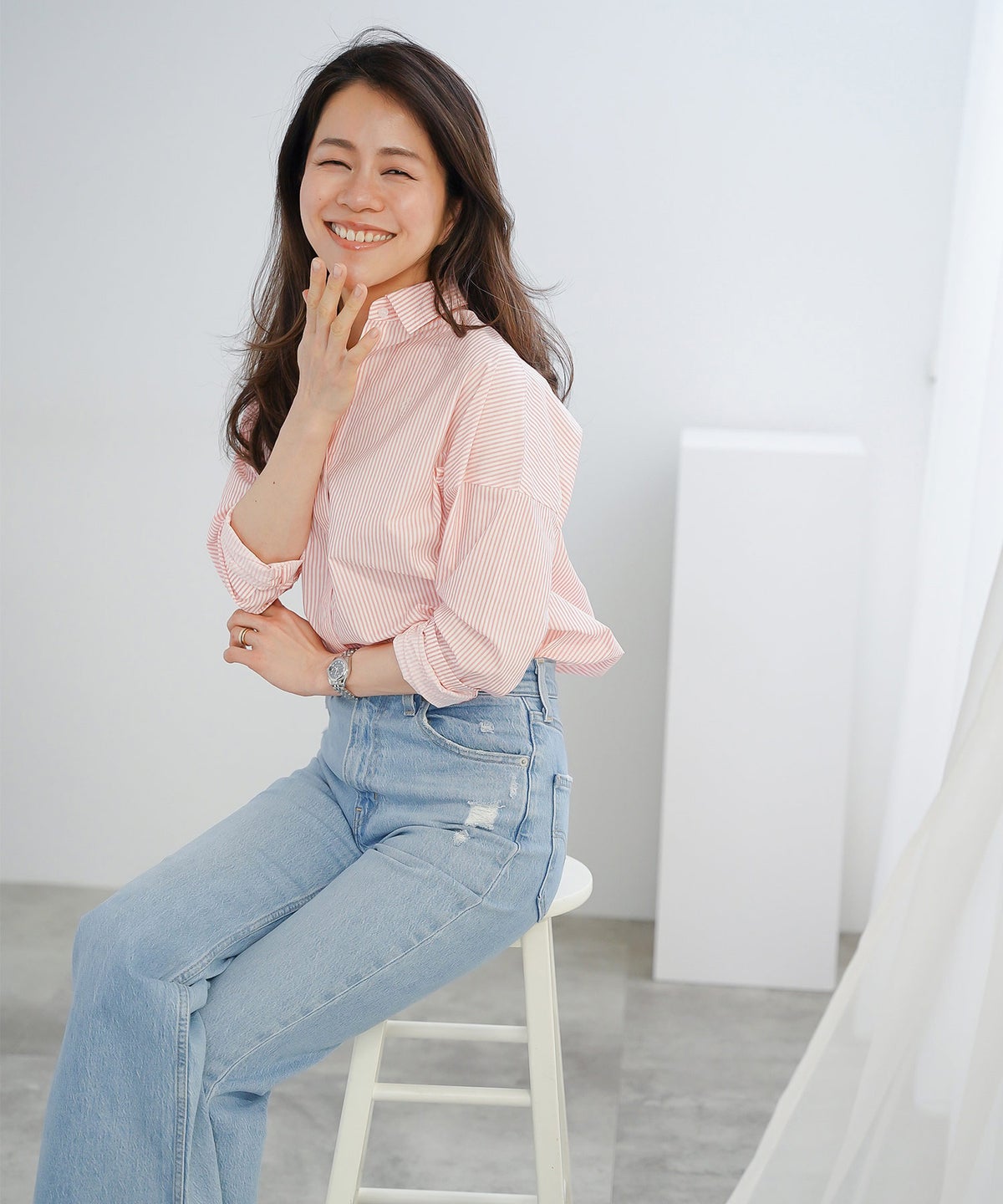 長袖 シャツ ピンク ストライプ 通勤 ベーシック ジョイントスペース