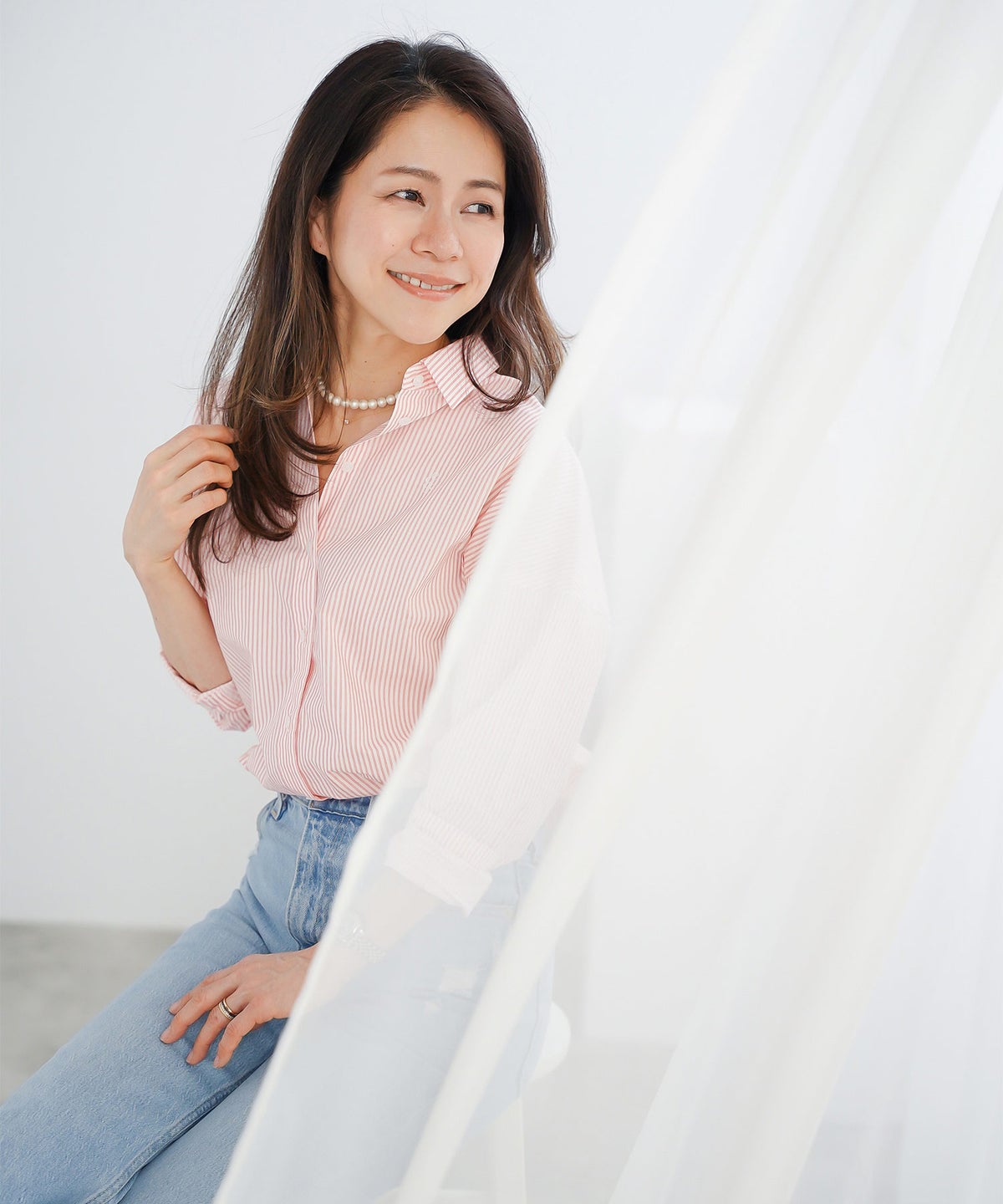 長袖 シャツ ピンク ストライプ 通勤 ベーシック ジョイントスペース