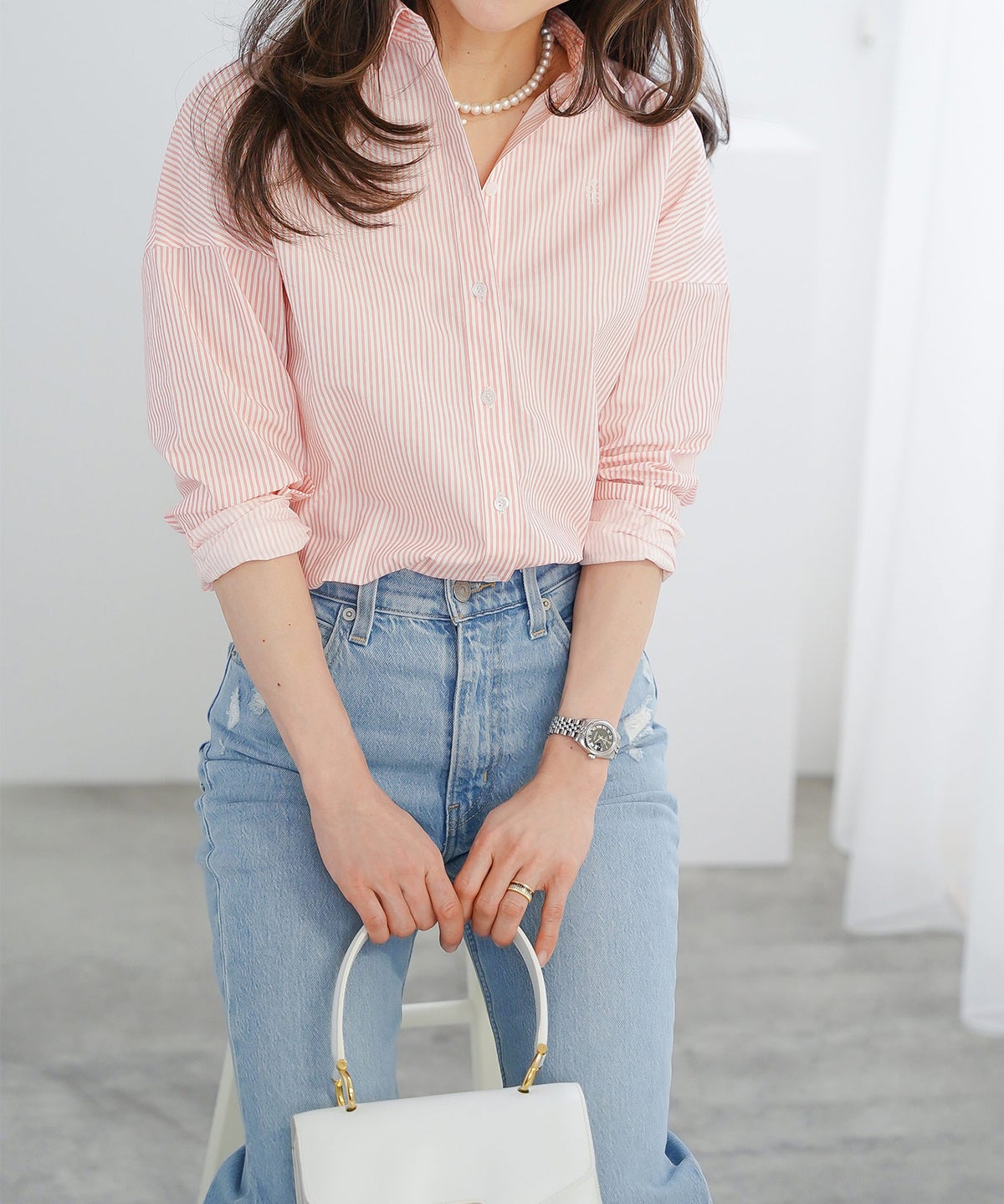 長袖 シャツ ピンク ストライプ 通勤 ベーシック ジョイントスペース