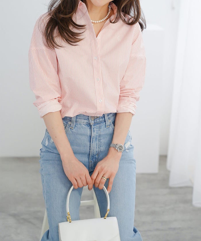 長袖 シャツ ピンク ストライプ 通勤 ベーシック ジョイントスペース