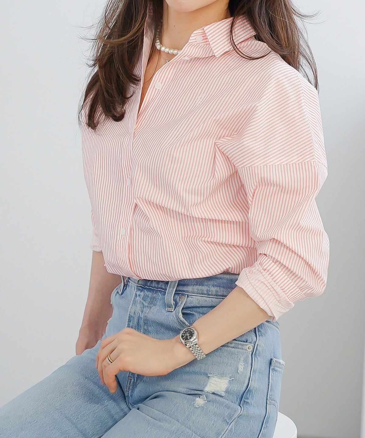 長袖 シャツ ピンク ストライプ 通勤 ベーシック ジョイントスペース