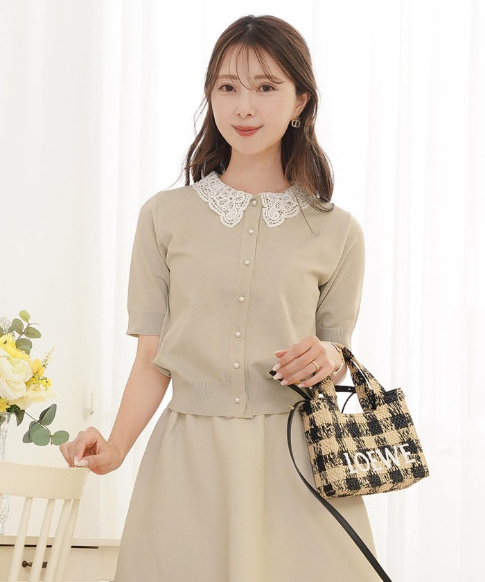 ニット 薄手 カーディガン 羽織 夏 春 上品 エレガント フェミニン 可愛い 大人 レース 半袖 パール トップス 軽量 軽い