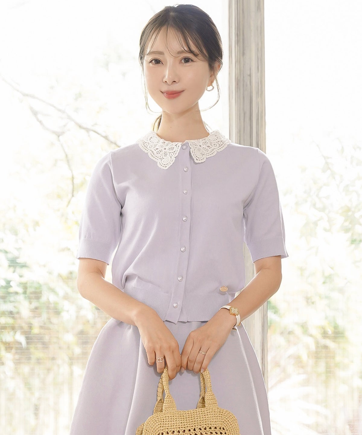 ニット 薄手 カーディガン 羽織 夏 春 上品 エレガント フェミニン 可愛い 大人 レース 半袖 パール トップス 軽量 軽い