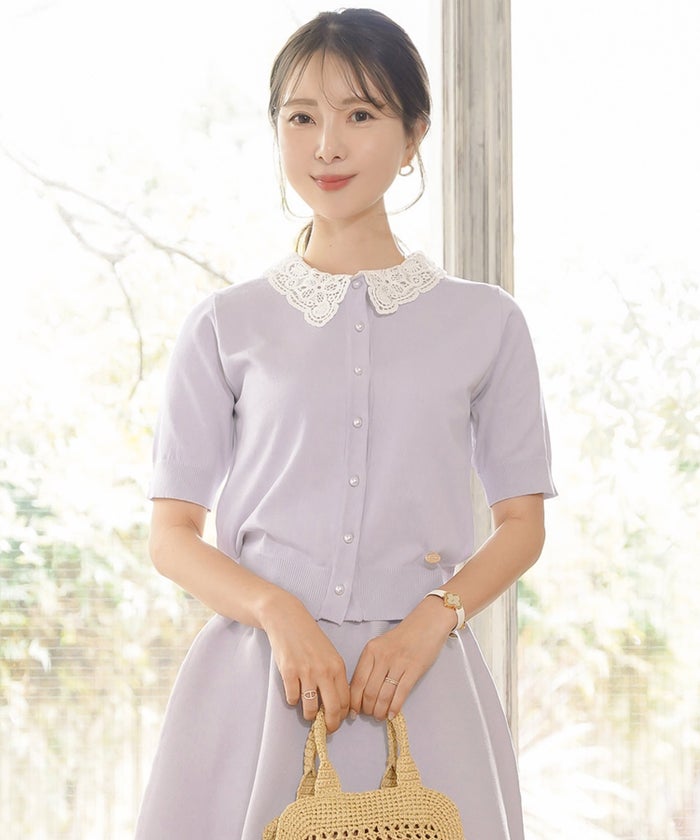 ニット 薄手 カーディガン 羽織 夏 春 上品 エレガント フェミニン 可愛い 大人 レース 半袖 パール トップス 軽量 軽い