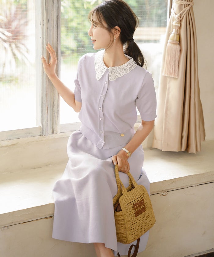 ニット 薄手 カーディガン 羽織 夏 春 上品 エレガント フェミニン 可愛い 大人 レース 半袖 パール トップス 軽量 軽い