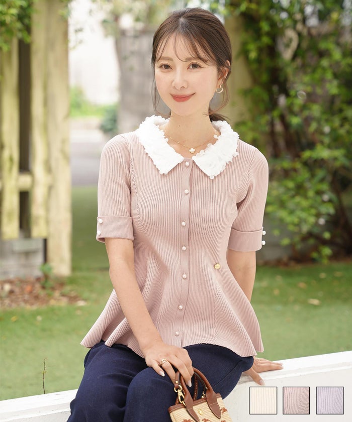 フラワー襟 半袖 ペプラム ニット le reve vaniller