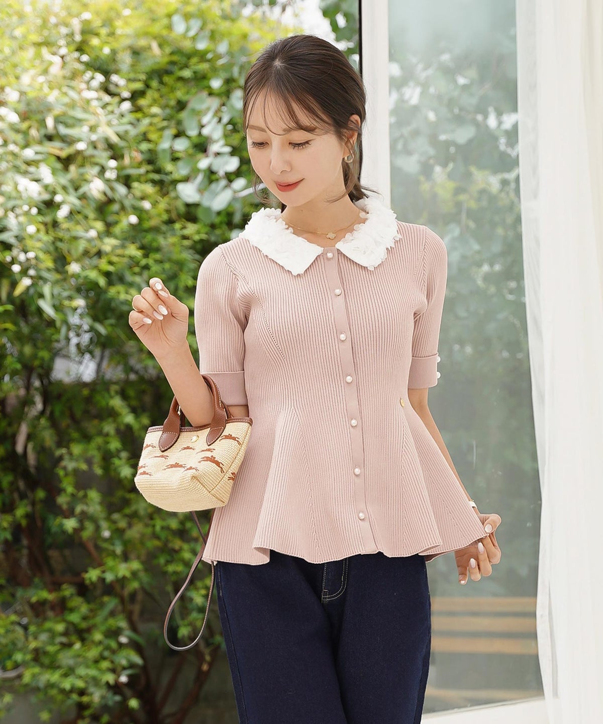 ニット トップス ペプラム 花 花襟 フラワー 春 秋 きれいめ カジュアル 上品 配色 夏 半袖 映え お出かけ 妊婦 新ママ 産後服 