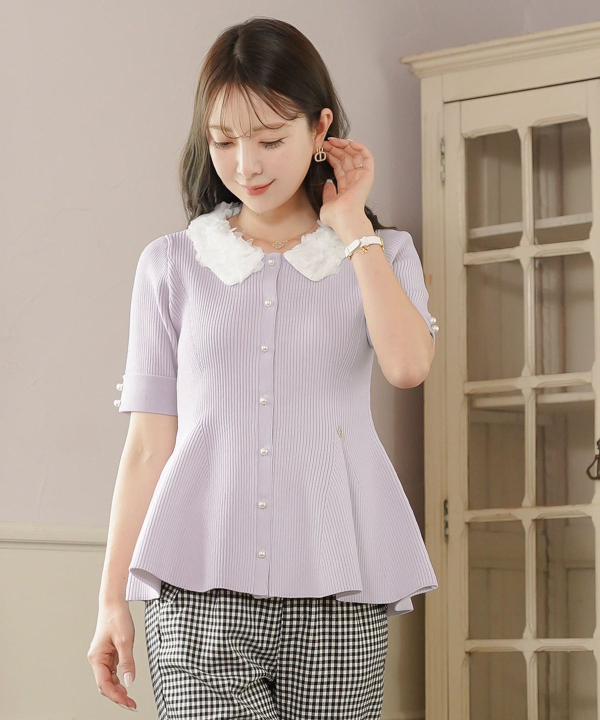 ニット トップス ペプラム 花 花襟 フラワー 春 秋 きれいめ カジュアル 上品 配色 夏 半袖 映え お出かけ 妊婦 新ママ 産後服 