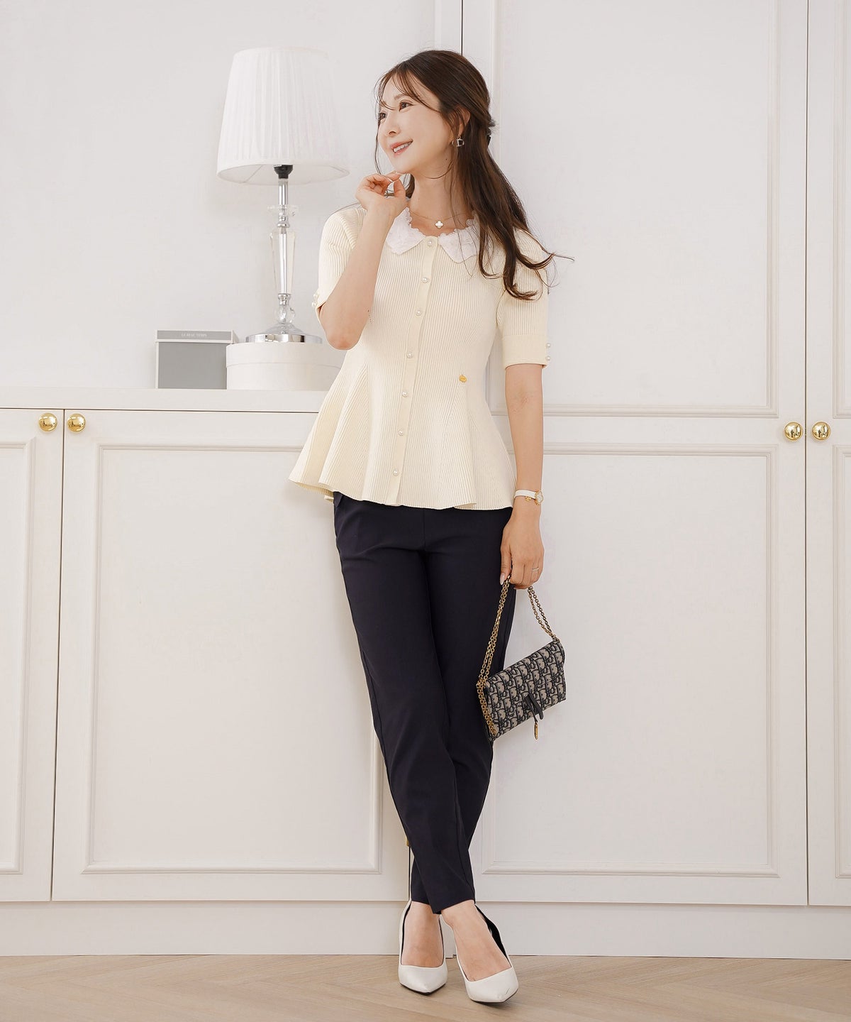 ニット トップス ペプラム 花 花襟 フラワー 春 秋 きれいめ カジュアル 上品 配色 夏 半袖 映え お出かけ 妊婦 新ママ 産後服 