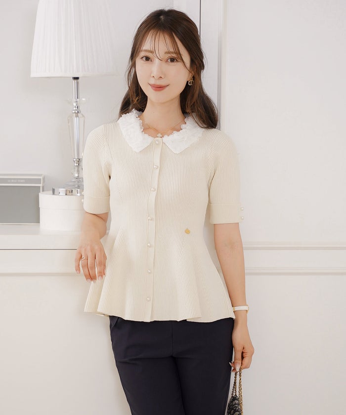 ニット トップス ペプラム 花 花襟 フラワー 春 秋 きれいめ カジュアル 上品 配色 夏 半袖 映え お出かけ 妊婦 新ママ 産後服 