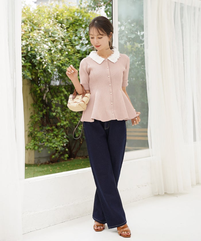 ニット トップス ペプラム 花 花襟 フラワー 春 秋 きれいめ カジュアル 上品 配色 夏 半袖 映え お出かけ 妊婦 新ママ 産後服 