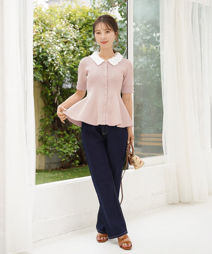 ニット トップス ペプラム 花 花襟 フラワー 春 秋 きれいめ カジュアル 上品 配色 夏 半袖 映え お出かけ 妊婦 新ママ 産後服 