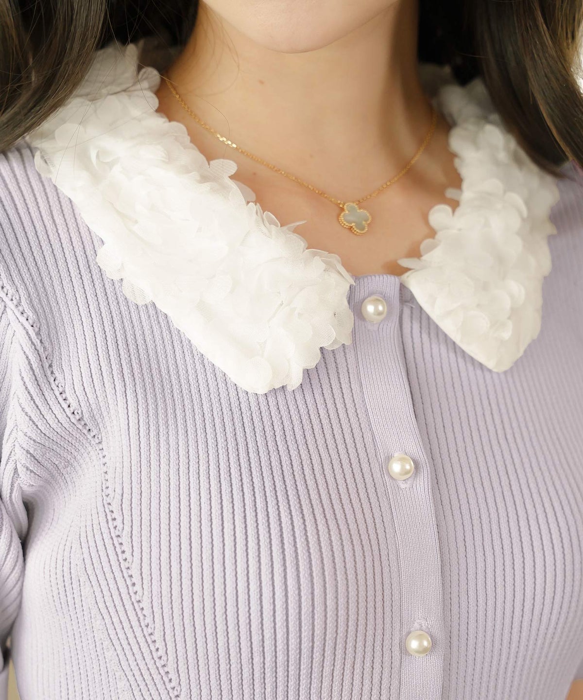 ニット トップス ペプラム 花 花襟 フラワー 春 秋 きれいめ カジュアル 上品 配色 夏 半袖 映え お出かけ 妊婦 新ママ 産後服 