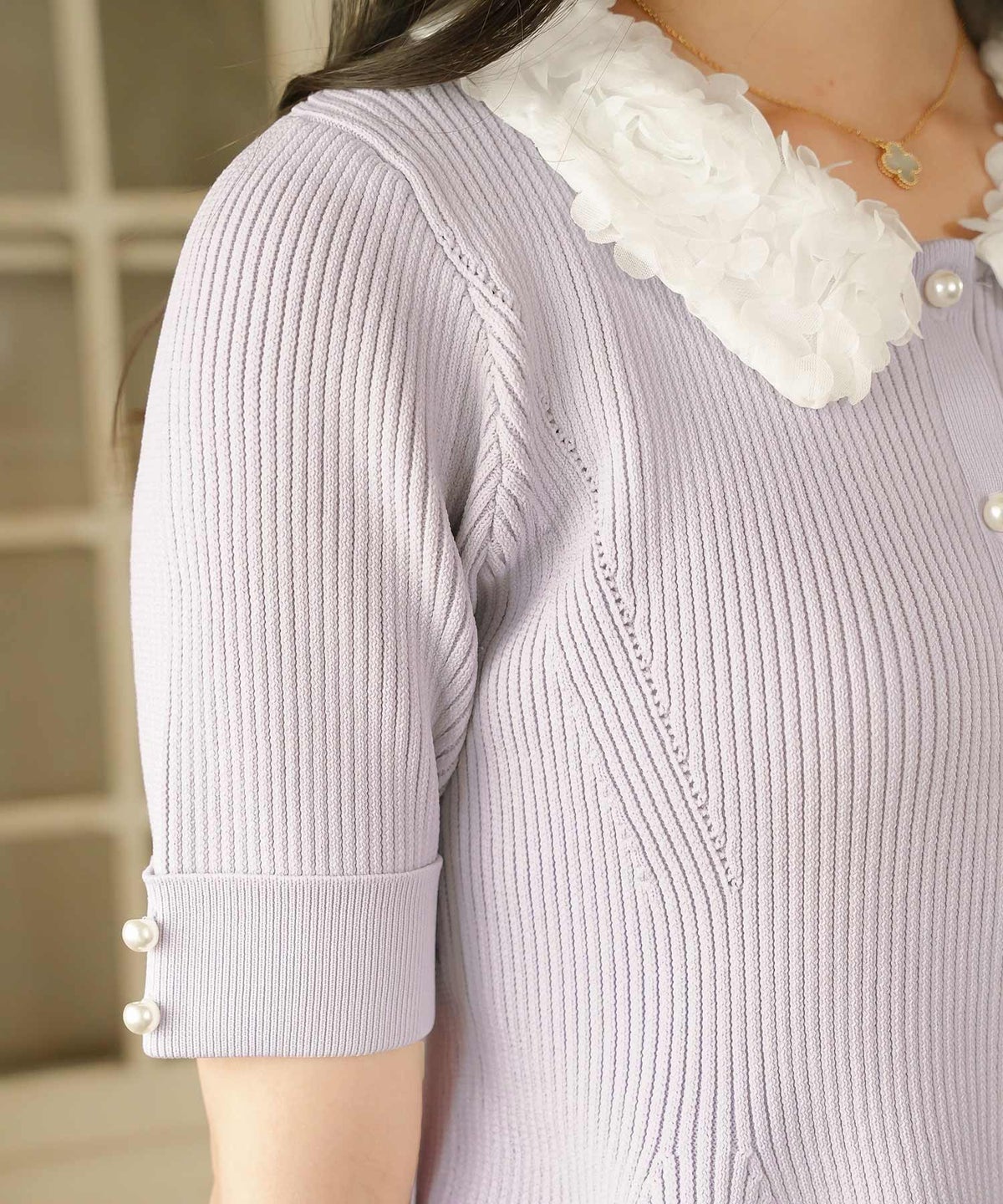 ニット トップス ペプラム 花 花襟 フラワー 春 秋 きれいめ カジュアル 上品 配色 夏 半袖 映え お出かけ 妊婦 新ママ 産後服 