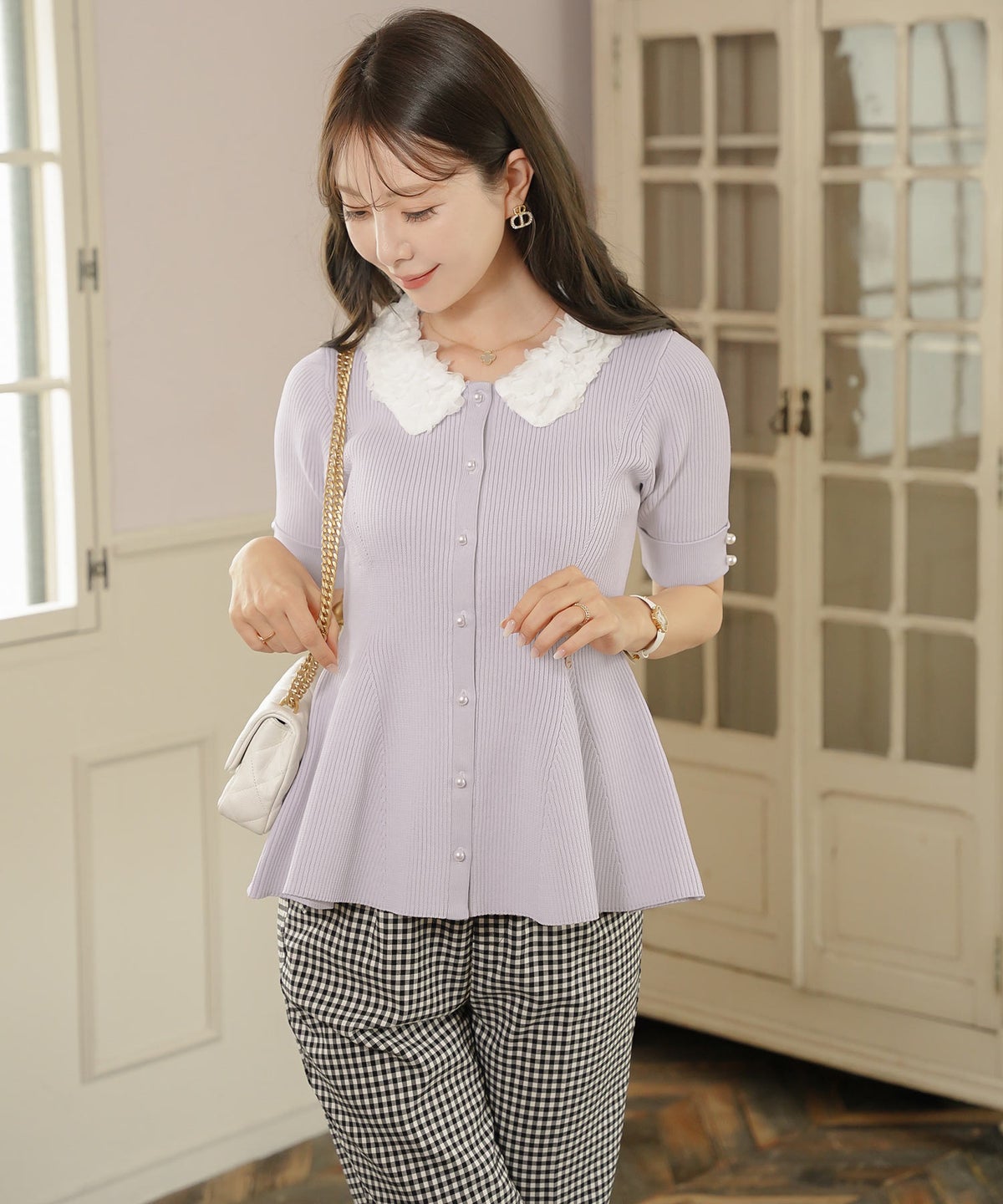 ニット トップス ペプラム 花 花襟 フラワー 春 秋 きれいめ カジュアル 上品 配色 夏 半袖 映え お出かけ 妊婦 新ママ 産後服 