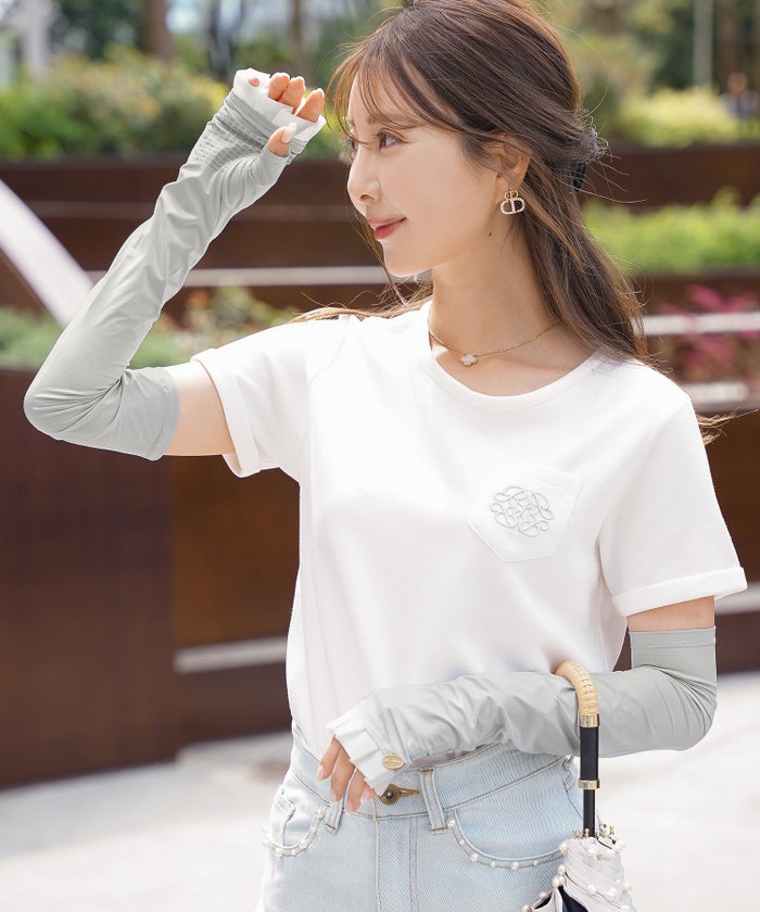 UVカット 紫外線対策 冷房対策 日除け アームカバー 親指付き フリル かわいい フェミニン きれいめ