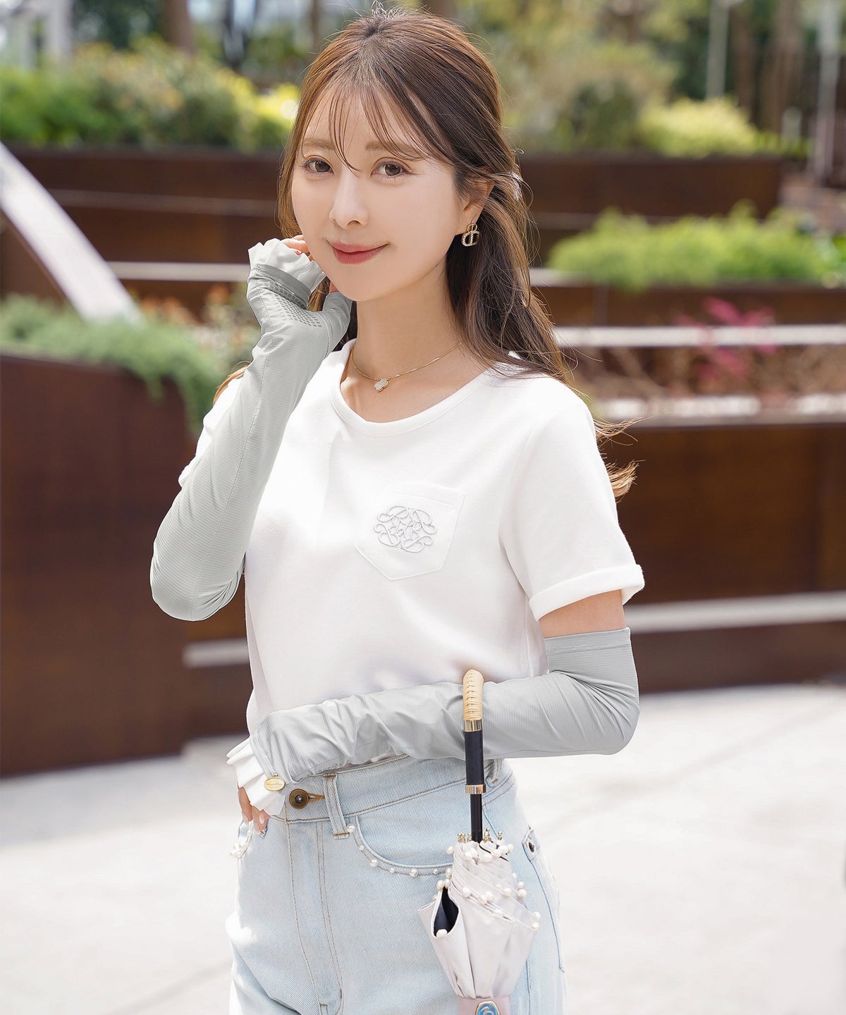 UVカット 紫外線対策 冷房対策 日除け アームカバー 親指付き フリル かわいい フェミニン きれいめ