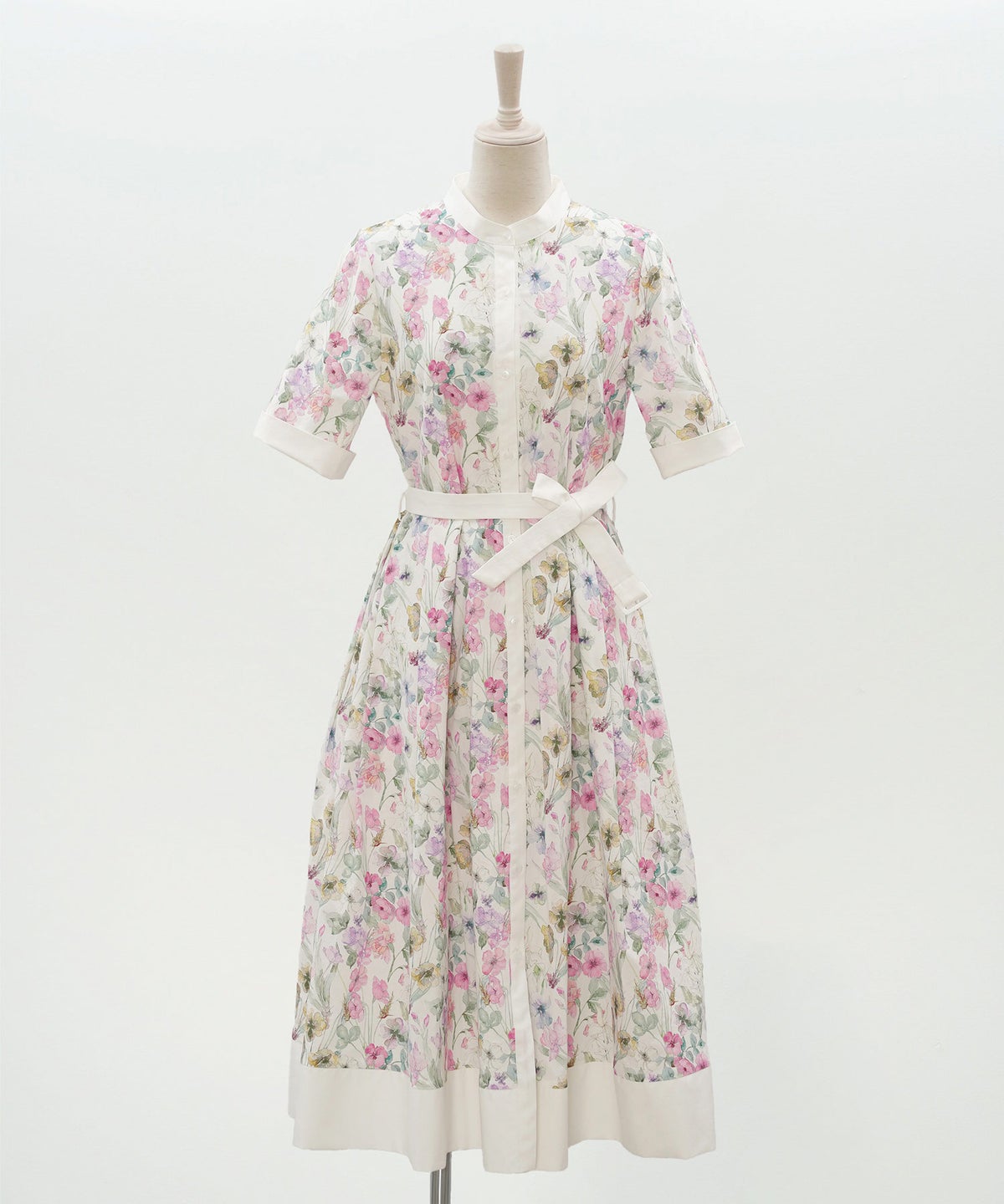 シャツワンピース ピンク 花柄 バンドカラー ベルト付き ジョイントスペース