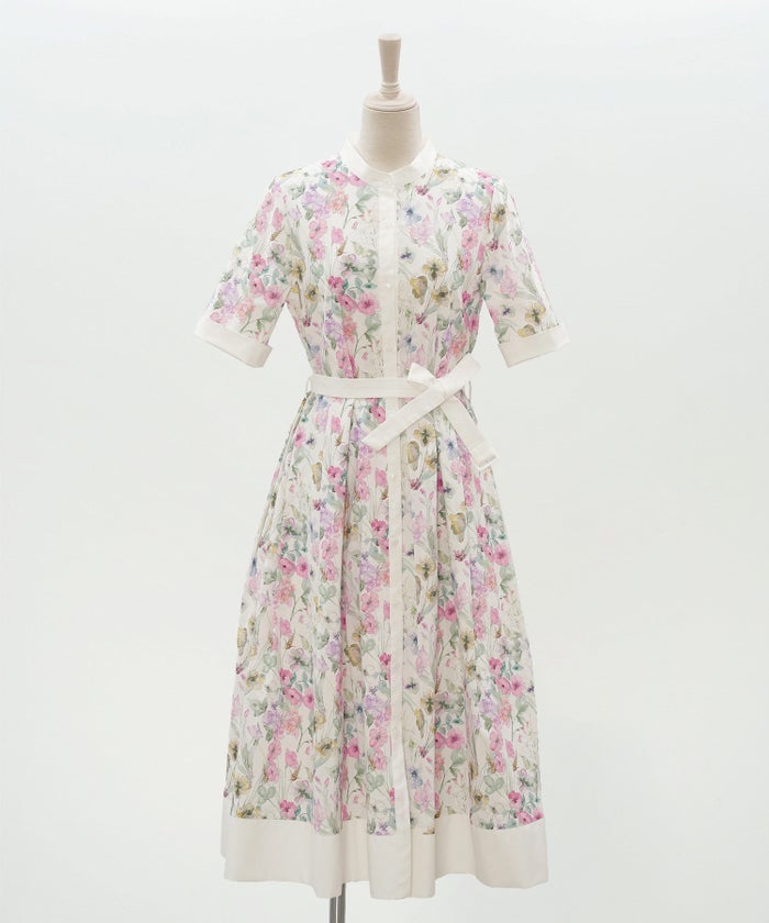 シャツワンピース ピンク 花柄 バンドカラー ベルト付き ジョイントスペース