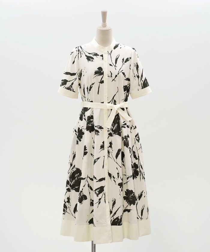 シャツワンピース ブラック 花柄 バンドカラー ベルト付き ジョイントスペース