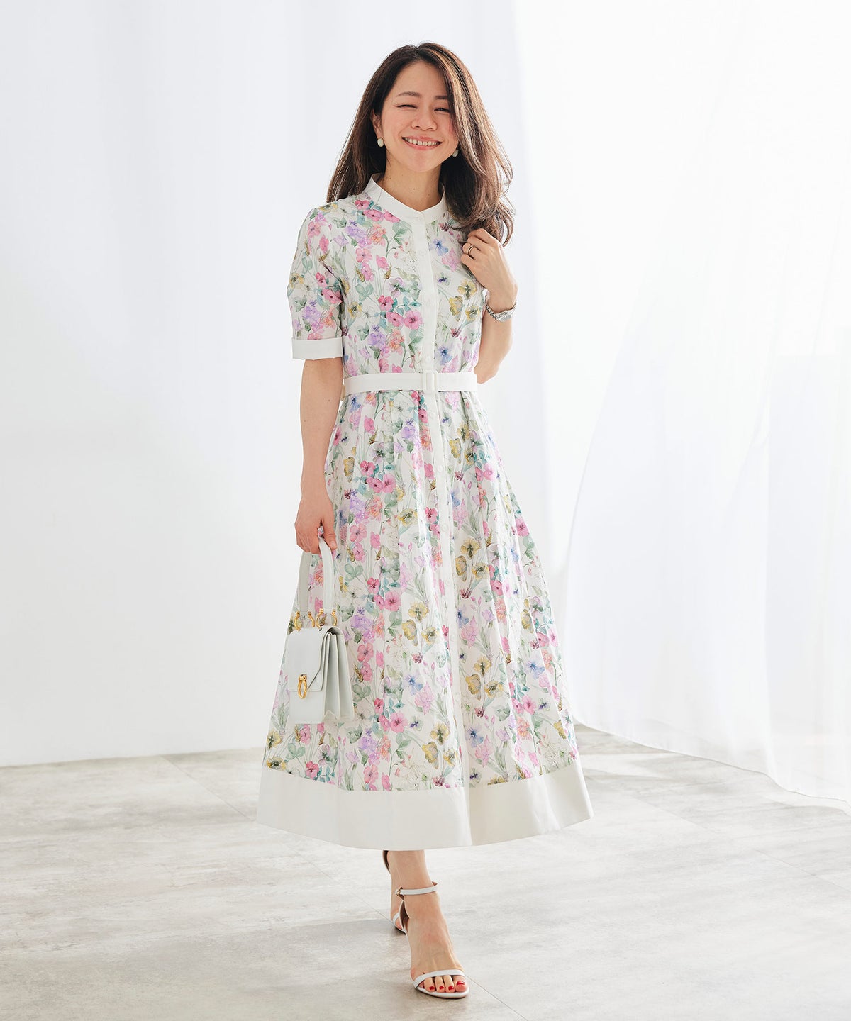 シャツワンピース ピンク 花柄 バンドカラー ベルト付き ジョイントスペース